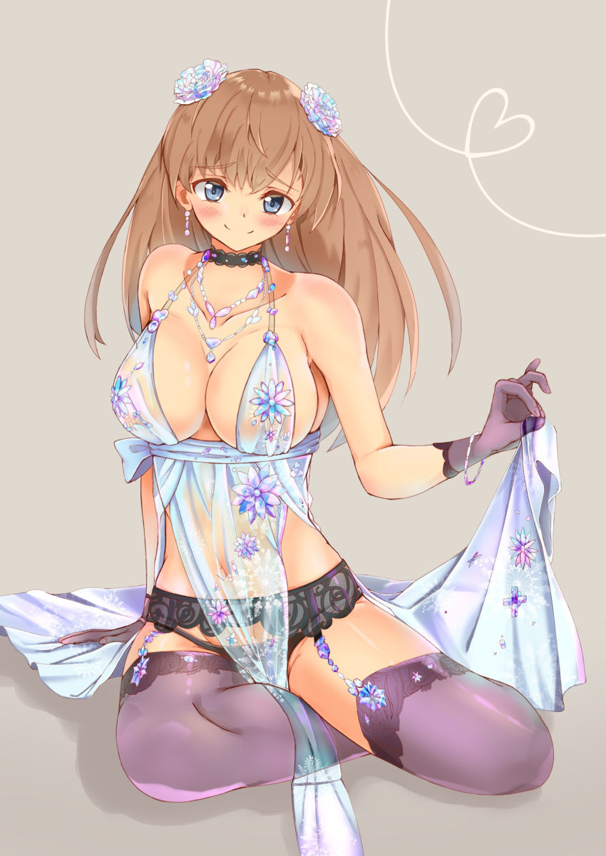 1girl absurdres adapted_costume arm_support artoria_pendragon_(all) artoria_pendragon_(lancer_alter) artoria_pendragon_(lancer_alter)_(cosplay) babydoll bangs bare_shoulders black_choker black_gloves black_legwear black_panties blue_babydoll blue_eyes blue_flower blush bracelet breasts brown_hair choker cleavage closed_mouth collarbone commentary_request cosplay craft_essence earrings eyebrows_visible_through_hair fate/grand_order fate_(series) flower garter_belt gloves grey_background hair_flower hair_ornament hand_up heart highres jewelry large_breasts lingerie long_hair looking_at_viewer mata_hari_(fate/grand_order) navel necklace no_bra nyoon panties revealing_clothes royal_icing see-through simple_background sitting smile snowflake_print solo thighhighs thighs underwear very_long_hair