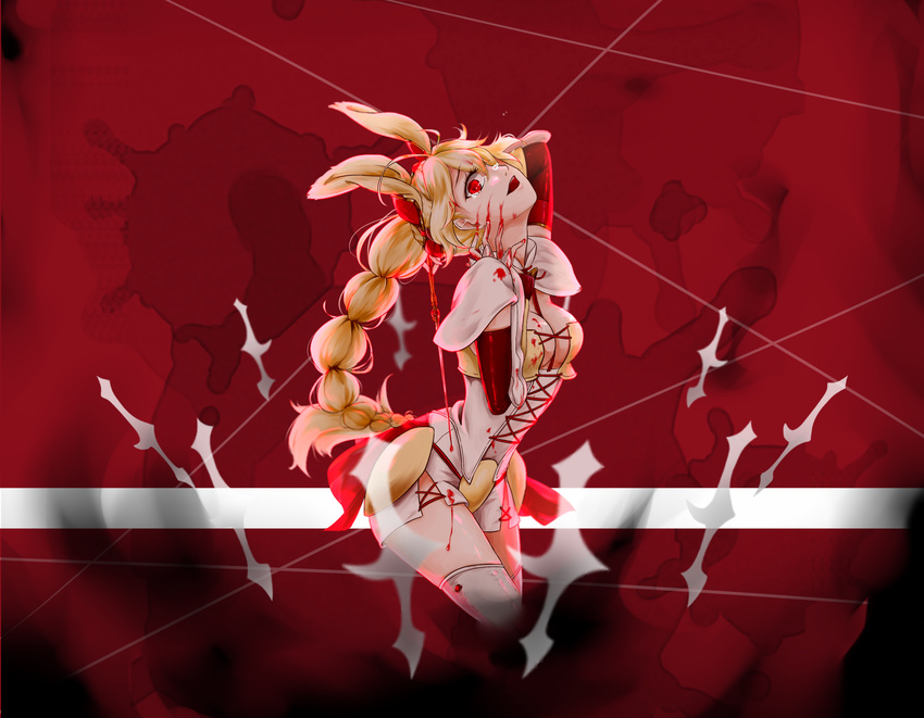 blood blood_on_face bloody_hands bloody_weapon bow breasts cleavage hair_bow hand_on_own_face highres medium_breasts mikke nachetanya_loei_piena_augustra one_eye_covered open_mouth ponytail red_background red_eyes rokka_no_yuusha solo tears wand weapon white_legwear