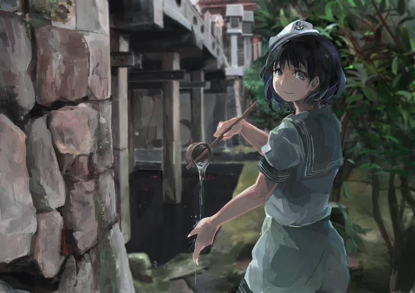 black_hair capelet dress grey_eyes hat hishaku ichiba_youichi ladle looking_at_viewer looking_back murasa_minamitsu plant puffy_short_sleeves puffy_sleeves sailor_dress sailor_hat short_sleeves smile solo touhou wall