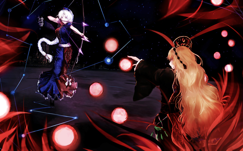 aerial_battle aiming arm_ribbon arrow bad_id bad_pixiv_id battle black_dress black_footwear blonde_hair blue_dress blue_eyes bow bow_(weapon) braid breasts chinese_clothes city cityscape commentary_request constellation danmaku dress duel dyolf hair_ornament hat junko_(touhou) long_hair long_sleeves looking_at_another medium_breasts multicolored multicolored_clothes multicolored_dress multiple_girls nurse_cap open_hand outstretched_arm red_dress red_eyes ribbon sash shirt shoes silver_hair single_braid skirt space star_(sky) tabard touhou trigram very_long_hair weapon wide_sleeves yagokoro_eirin