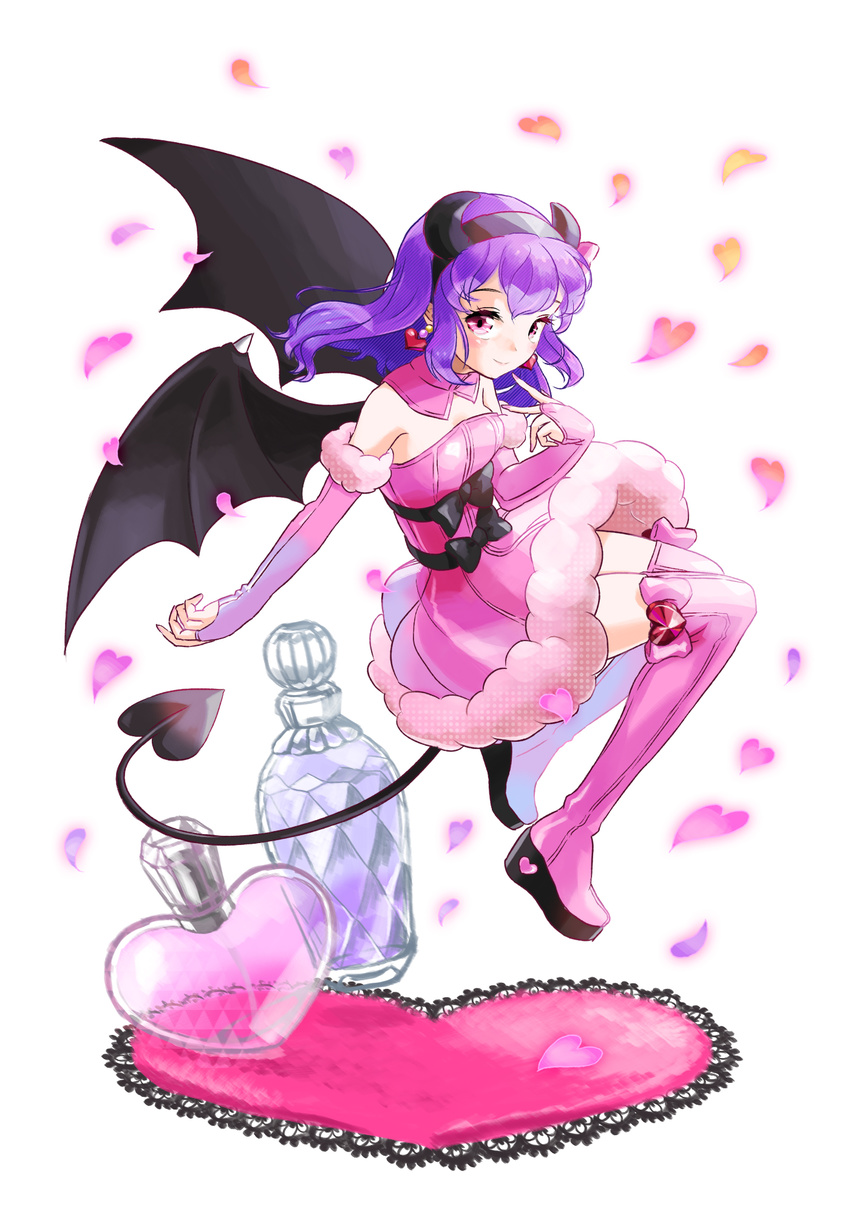arm_warmers avarita_(otoca_d'or) bat_wings black_bow black_sleeves boots bottle bow bridal_gauntlets demon_tail detached_collar earrings faux_figurine full_body hairband heart heart_earrings highres horns jewelry nail_polish nekomissile otoca_d'or pink_bow pink_eyes pink_footwear pink_legwear pink_nails pink_skirt pink_sleeves platform_footwear purple_hair short_hair skirt smile solo tail thigh_boots thighhighs white_background wings zettai_ryouiki