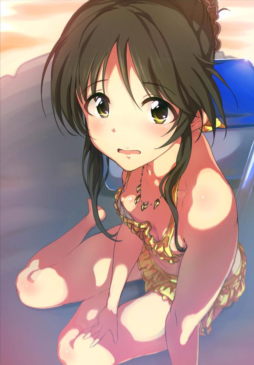 absurdres bikini black_hair blush breasts cleavage cooler downblouse extended_downblouse hair_ornament hair_scrunchie highres idolmaster idolmaster_cinderella_girls jewelry looking_at_viewer necklace nipples parted_lips q_(ed69) scrunchie sidelocks sitting small_breasts solo swimsuit takamori_aiko wavy_mouth yellow_bikini