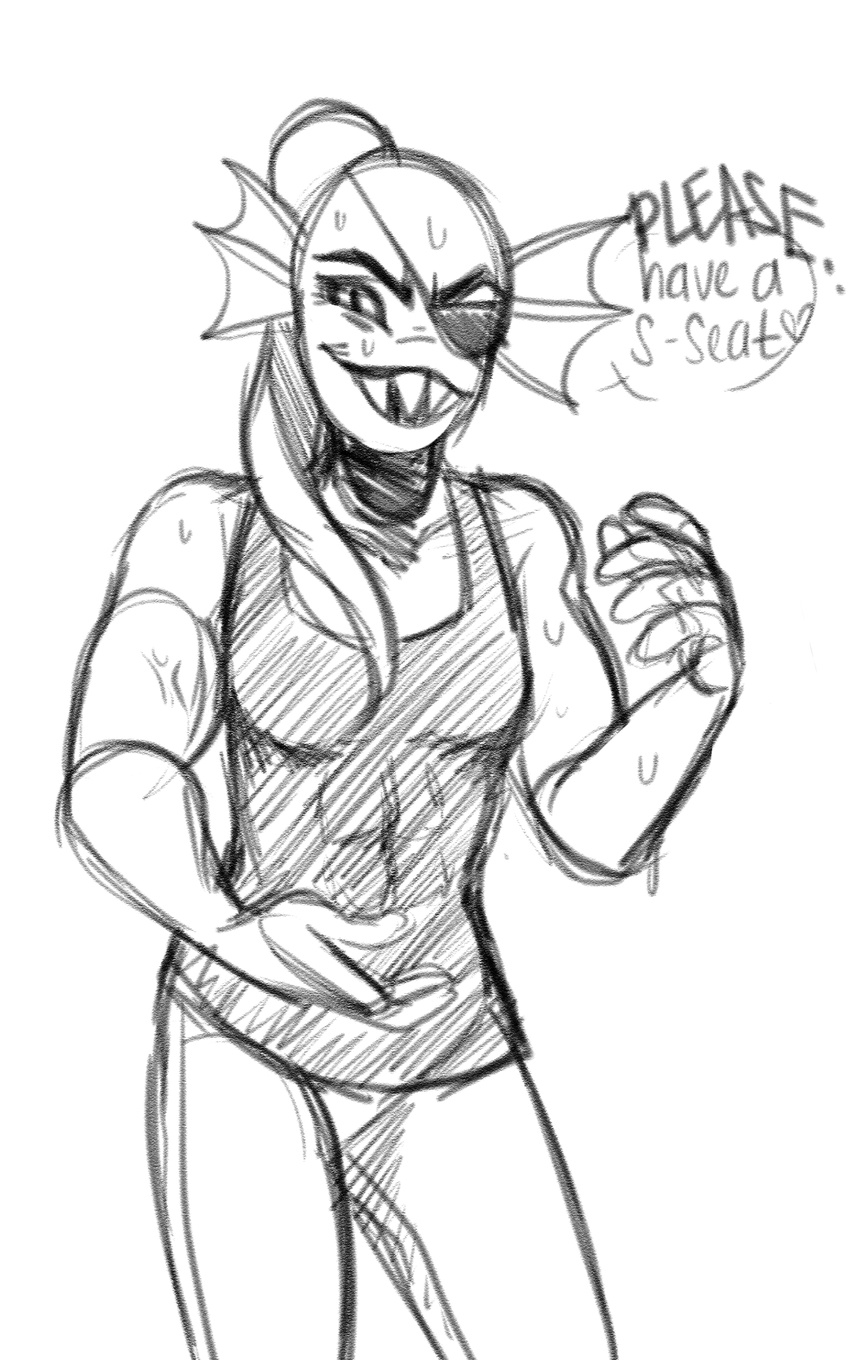 &lt;3 black_and_white chachicola dialogue english_text eye_patch eyewear female fish marine monochrome monster muscular muscular_female sharp_teeth smile solo speech_bubble sweat teeth text undertale undyne