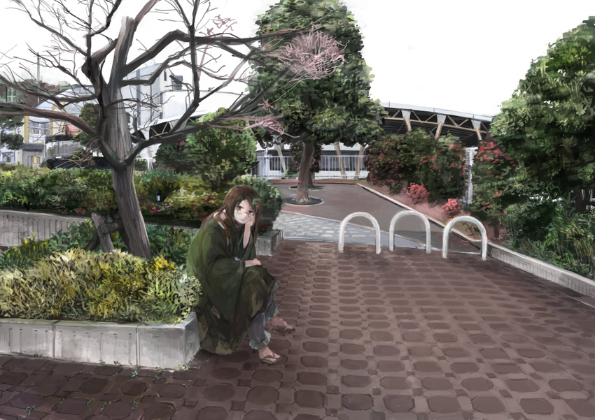 arm_support brown_eyes brown_hair building futatsuiwa_mamizou futatsuiwa_mamizou_(human) glasses ichiba_youichi leaf leaf_on_head long_sleeves looking_at_viewer pince-nez real_world_location realistic shirt sitting skirt solo touhou tree wide_sleeves