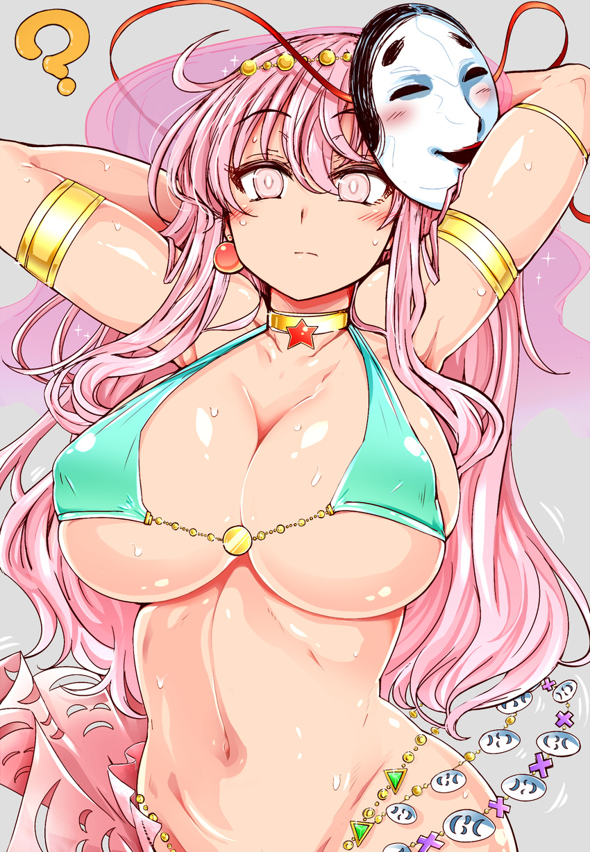 ? arm_strap armlet armpits arms_up bottomless breasts cleavage dancer earrings hata_no_kokoro highres huge_breasts jewelry long_hair looking_at_viewer mask mask_on_head micro_bikini_top navel noh_mask out-of-frame_censoring pink_eyes pink_hair roki_(hirokix) solo sweat touhou underboob very_long_hair