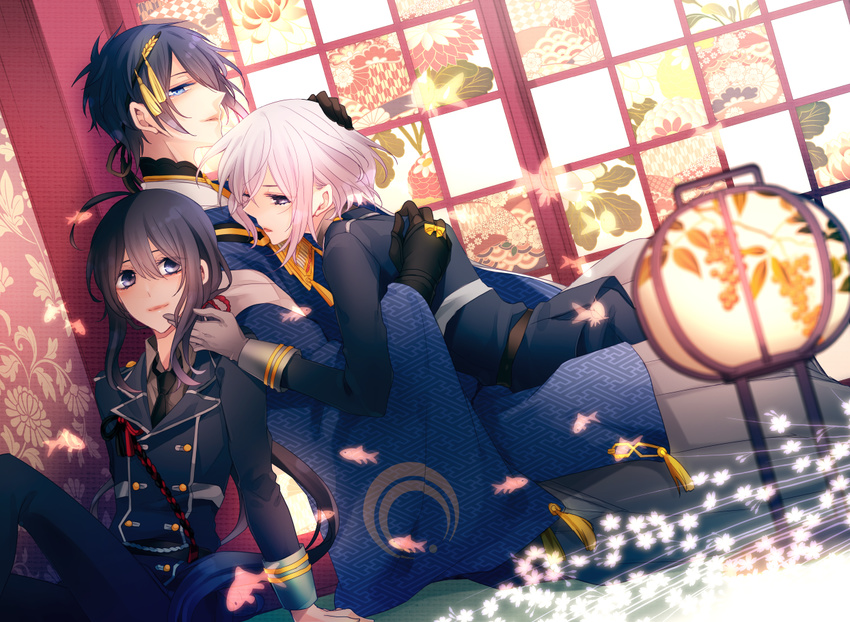 ahoge black_hair blue_eyes blurry depth_of_field dutch_angle fish flower gloves hand_on_another's_face hand_on_another's_head honebami_toushirou japanese_clothes lantern male_focus mikazuki_munechika military military_uniform multiple_boys namazuo_toushirou necktie ponytail purple_eyes sayagata silver_hair smile tomoe_kiko touken_ranbu uniform