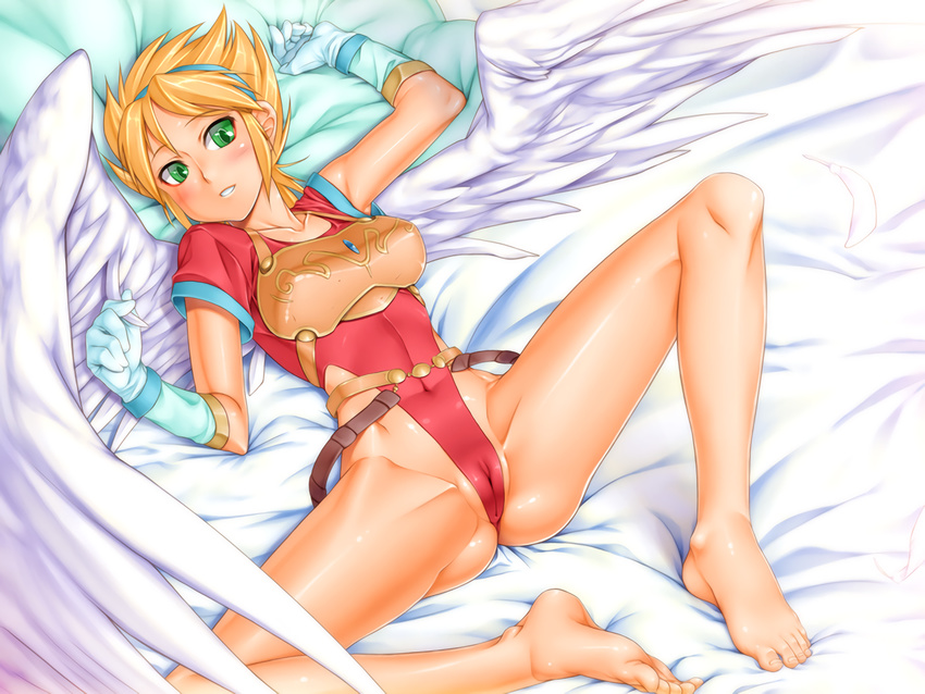 barefoot blonde_hair breath_of_fire breath_of_fire_i cameltoe feet female gloves green_eyes hairband highleg highleg_leotard highres legs leotard lying mound_of_venus mt1 nina_(breath_of_fire_i) on_back parted_lips short_hair smile spread_legs white_wings wings