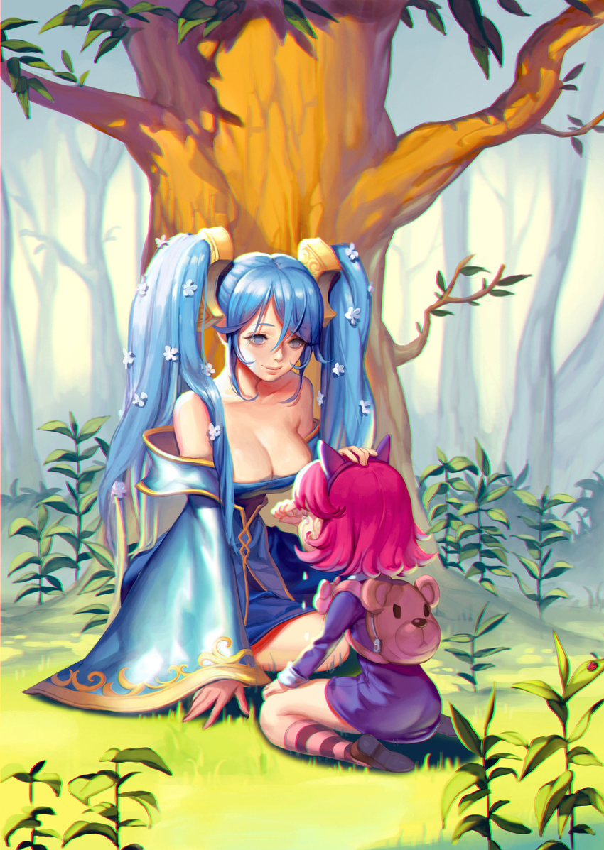 absurdres animal_ears annie_hastur ask_(dreaming_cat) back backpack bag bangs bare_shoulders blue_eyes blue_hair breasts bug chromatic_aberration cleavage closed_mouth comforting crying day fake_animal_ears flower grass hair_flower hair_ornament hand_on_another's_head highres insect ladybug large_breasts league_of_legends long_hair looking_at_another low_neckline multiple_girls outdoors pink_hair short_hair sitting smile socks sona_buvelle striped striped_legwear stuffed_animal stuffed_toy tears teddy_bear tree twintails very_long_hair wariza wide_sleeves