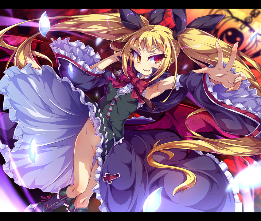 armpits blazblue blonde_hair blush bow breasts covered_nipples fang heterochromia long_hair looking_at_viewer no_panties rachel_alucard red_bow red_eyes small_breasts smile solo toraishi_666 twintails very_long_hair yellow_eyes