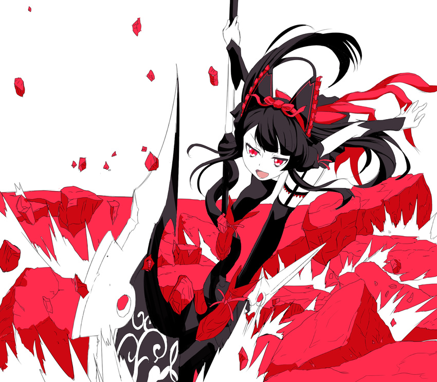 bad_id bad_pixiv_id black_hair destruction garter_straps gate_-_jieitai_ka_no_chi_nite_kaku_tatakaeri gothic_lolita ground_shatter hair_ribbon highres himemu lolita_fashion long_hair open_mouth red_eyes ribbon rory_mercury solo