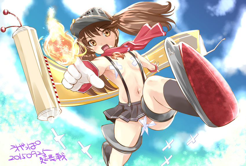 :d artist_name black_legwear blue_sky brown_eyes brown_hair commentary_request cowboy_shot dated day flat_chest gloves highres kantai_collection long_hair looking_at_viewer maebari magatama microskirt naked_suspenders navel no_bra no_panties onmyouji open_mouth outdoors outstretched_arms pasties pleated_skirt running ryuujou_(kantai_collection) scarf scroll shikigami signature skirt sky smile solo suspenders twintails ugeppa visor_cap white_gloves