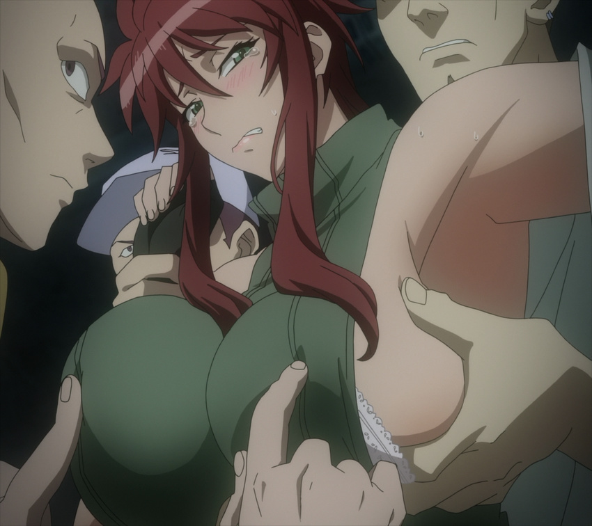 1girl 3boys blush breast_grab breasts grabbing green_eyes highres large_breasts long_hair multiple_boys red_hair solo solo_focus stitched suzue_konomi sweater tears triage_x