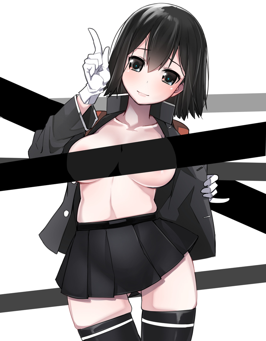 absurdres akitsu_maru_(kantai_collection) ass_visible_through_thighs baicha black_eyes black_hair black_legwear breasts censored collarbone gloves head_tilt highres jacket kantai_collection large_breasts long_sleeves looking_at_viewer military military_uniform no_bra open_clothes open_jacket pleated_skirt pose remodel_(kantai_collection) short_hair skirt skirt_set solo thighhighs uniform white_gloves zettai_ryouiki