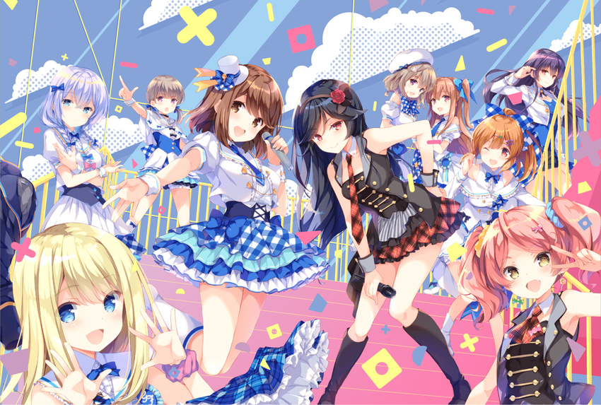 :d :o ahoge armpits asahina_momoko asato_kasuga bangs beret black_hair black_legwear blonde_hair blue_bow blue_eyes blue_neckwear blue_skirt bow braid brown_eyes brown_hair buttons chloe_lemaire confetti cravat detached_collar flower frilled_skirt frills girlfriend_(kari) girlfriend_note hair_bow hair_flower hair_ornament hairband hand_on_hip hat highres holding holding_microphone kagurazaka_saya kazemachi_haruka kneehighs kunishiro_miyabi lavender_hair leaning_forward long_hair looking_at_viewer makise_subaru microphone mini_hat mini_top_hat multiple_girls murakami_fumio necktie official_art ohara_tometa one_eye_closed open_clothes open_mouth open_vest plaid plaid_neckwear plaid_skirt pleated_skirt pointing qp:flapper railing red_bow red_neckwear sakura_koharu sakurai_akane_(girlfriend) scrunchie shigino_mutsumi shiina_kokomi short_hair skirt smile stairs top_hat twin_braids twintails two_side_up unbuttoned v vest white_legwear wrist_cuffs