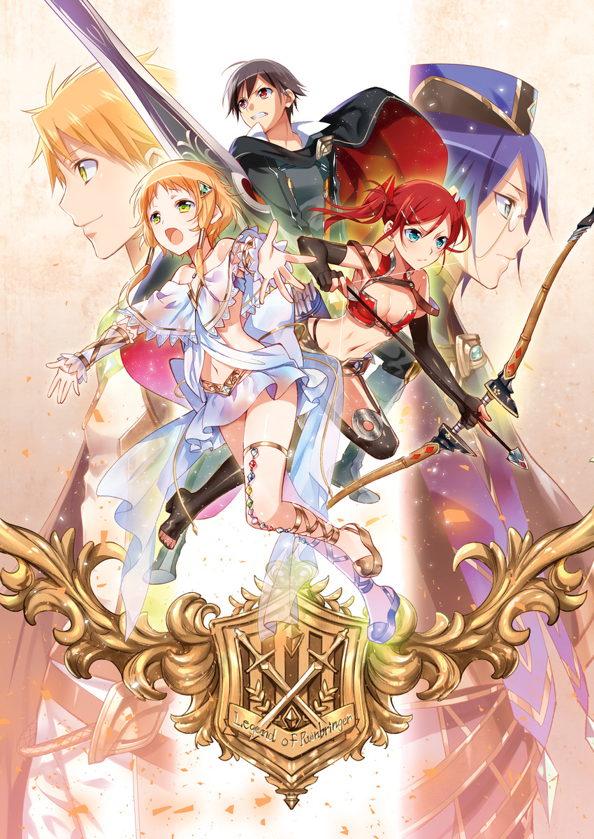 3boys absurdres ankle_lace-up arrow black_hair blonde_hair blue_eyes bow_(weapon) breasts cape cleavage clenched_teeth cross-laced_footwear gem green_eyes hair_ornament hat highres medium_breasts midriff miniskirt multiple_boys multiple_girls murakami_yuichi navel open_mouth orange_hair outstretched_arms poster purple_hair red_eyes red_hair short_hair skirt sword takatsukasa_taiki teeth twintails unsimulated_incubator wakatsuki_reo wakatsuki_saran weapon yagyuu_kimihiro yashiro_rimu