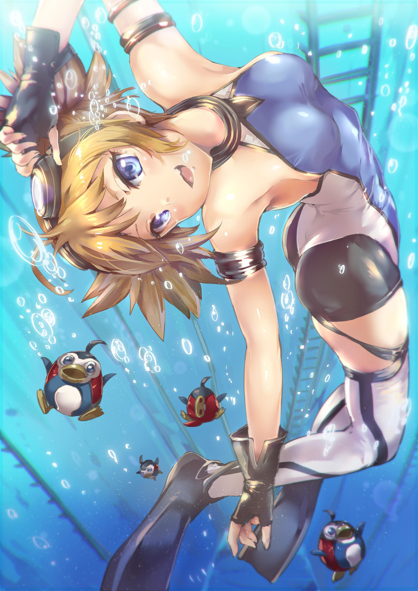 :d absurdres air_bubble ass black_gloves blonde_hair blue_eyes breasts breath bubble covered_navel diving fingerless_gloves flippers freediving gloves goggles goggles_on_head granblue_fantasy highres holding_breath looking_at_viewer medium_breasts open_mouth pengy_(granblue_fantasy) satou_daiji short_twintails skin_tight smile solo swimming thighhighs twintails underwater