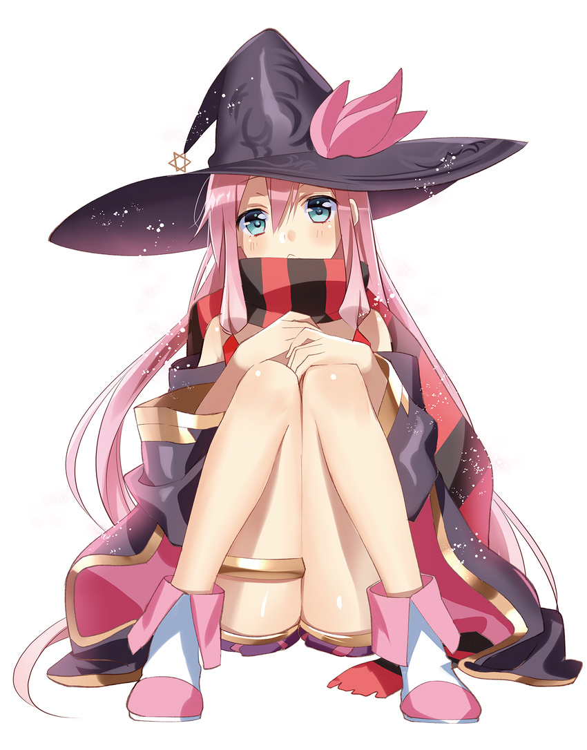asukai_mao bare_shoulders blue_eyes cape hat hexagram highres legs long_hair long_legs looking_at_viewer murakami_yuichi off_shoulder official_art pink_hair scarf sitting solo thigh_strap unsimulated_incubator very_long_hair white_background witch_hat