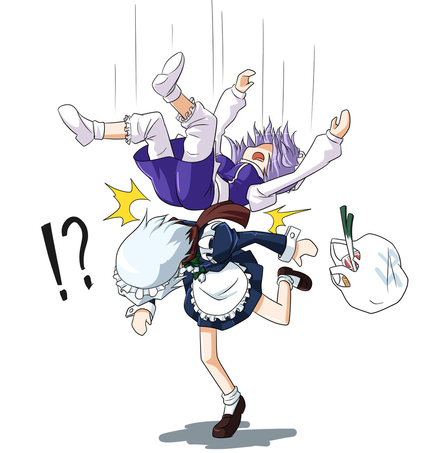 2girls ? deathmegane falling groceries highres izayoi_sakuya letty_whiterock multiple_girls short_hair spring_onion touhou