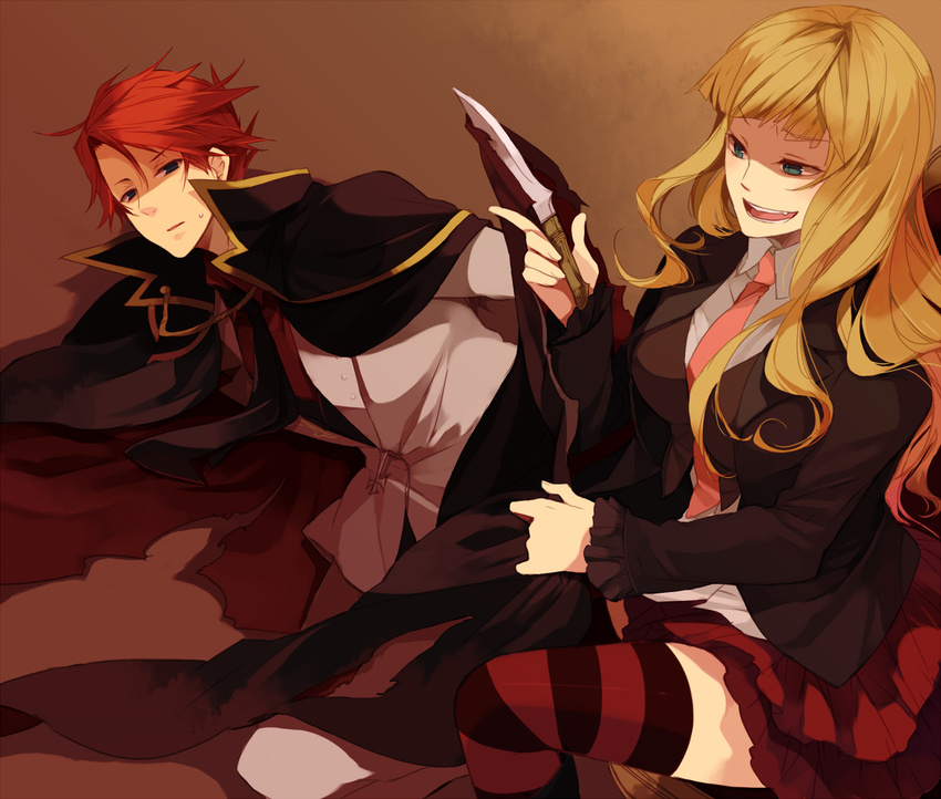 1girl beatrice blonde_hair blue_eyes cape hanokage knife long_hair md5_mismatch necktie pink_neckwear red_hair skirt striped striped_legwear thighhighs umineko_no_naku_koro_ni ushiromiya_battler vest zettai_ryouiki