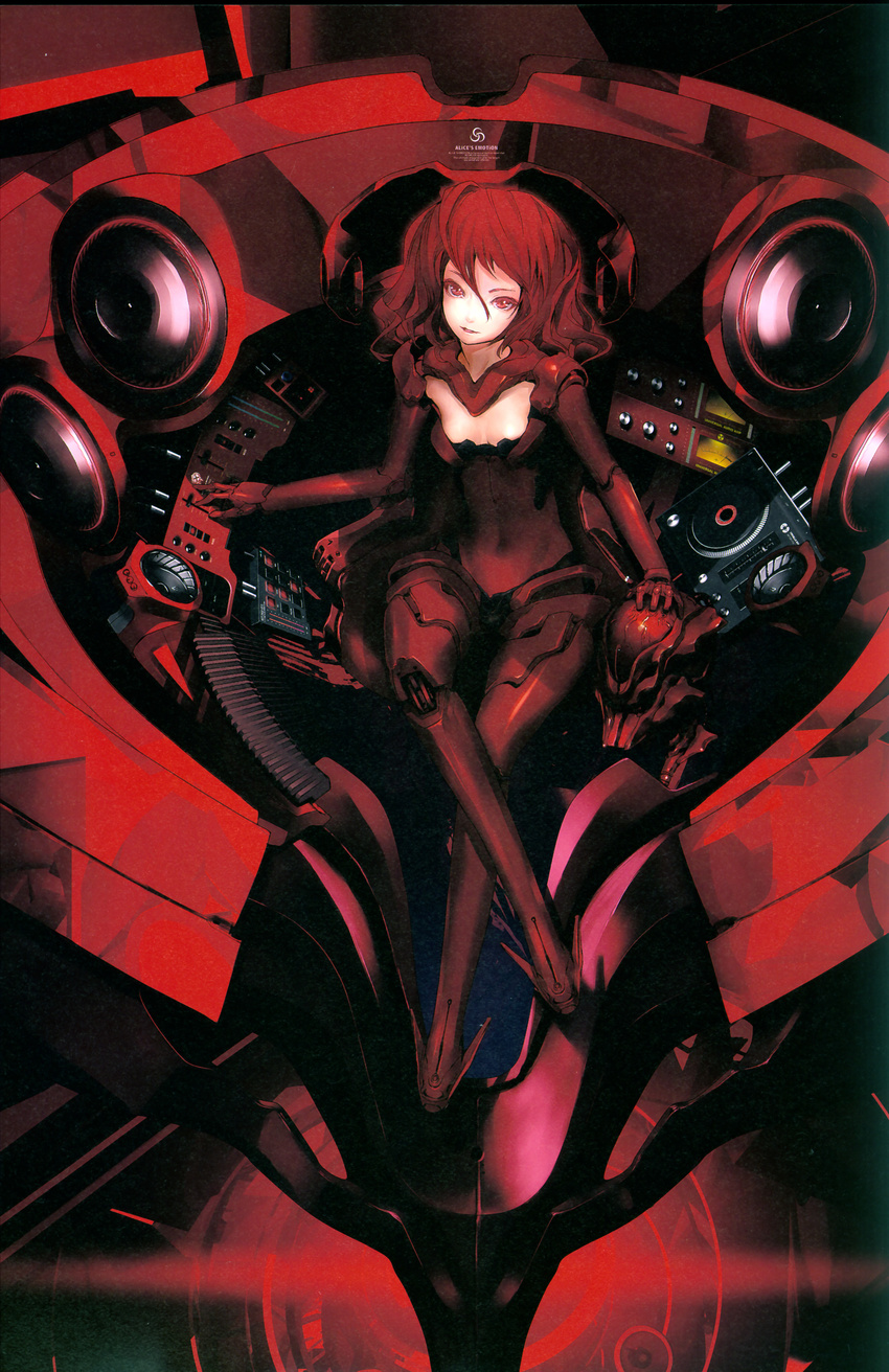 absurdres amplifier bodysuit cropped cyborg highres mecha original red_eyes red_hair redjuice scan solo