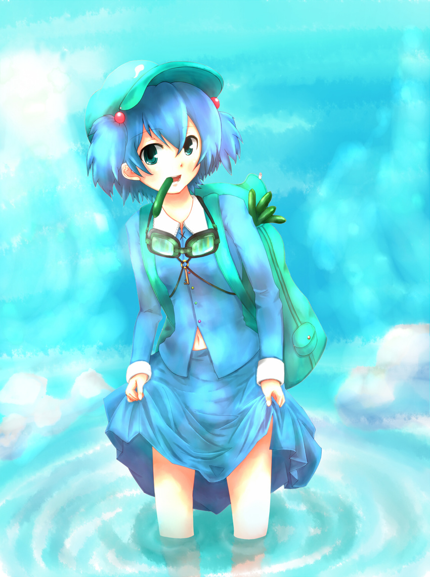 backpack bad_id bad_pixiv_id bag blue_eyes blue_hair cucumber goggles goggles_around_neck hair_bobbles hair_ornament hat highres kawashiro_nitori key mouth_hold na_(zooncopter) navel short_hair skirt_hold solo touhou twintails two_side_up wading water
