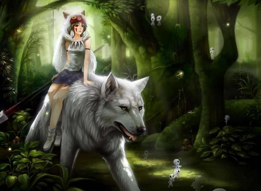 animal bare_arms forest jewelry kodama mononoke_hime nature necklace polearm realistic riding san spear syncaidia wallpaper weapon wolf