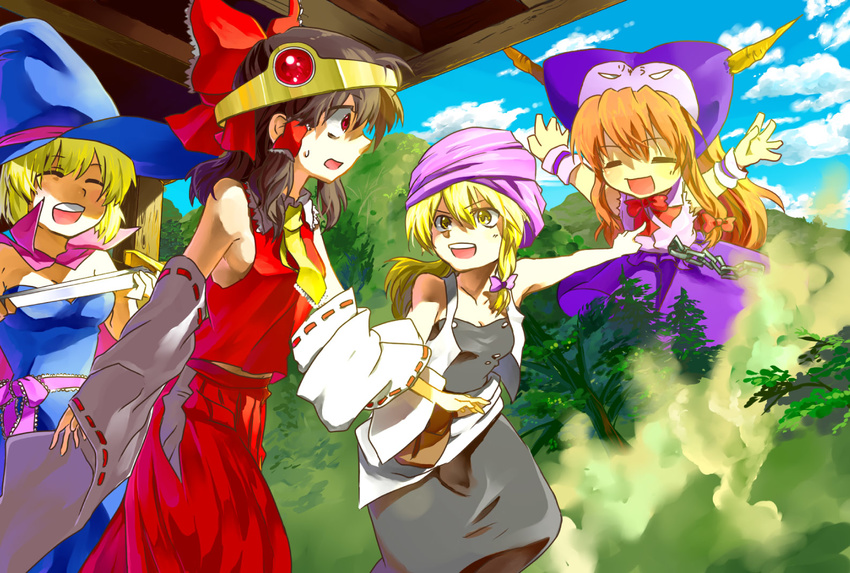 alice_margatroid bad_id bad_pixiv_id blonde_hair braid brown_hair dragon_quest giantess hakurei_reimu hat horns ibuki_suika kirisame_marisa long_hair multiple_girls orange_hair parody red_eyes short_hair touhou witch_hat yellow_eyes zanunoneko