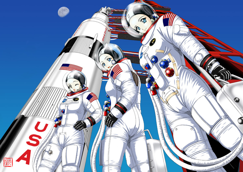 astronaut bodysuit cameltoe helmet multiple_girls original pilot_suit rocket saturn_v smile space spacesuit