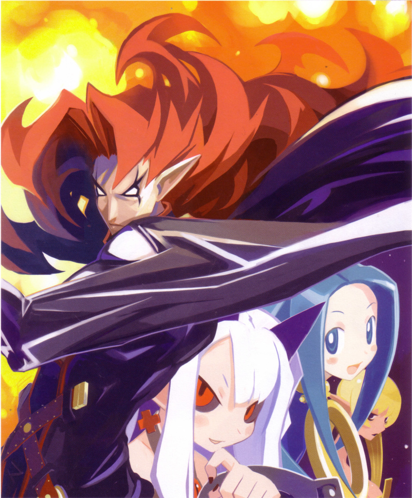 3girls :d blue_eyes blue_hair fire flame harada_takehito highres long_hair looking_at_viewer multiple_girls open_clothes open_mouth phantom_kingdom pointy_ears pram red_eyes salome_(phantom_kingdom) scan smile trenia_(phantom_kingdom) upper_body very_long_hair white_background zetta_(phantom_kingdom)