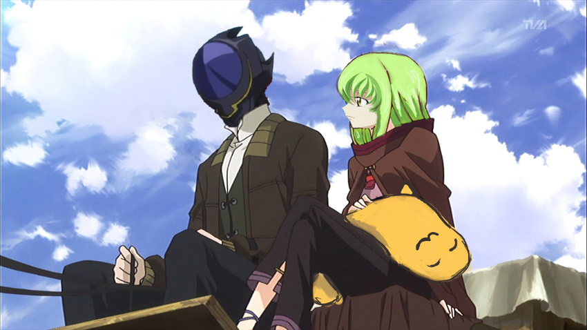 1girl 4chan :3 c.c. cart cheese-kun code_geass crossover day fukuyama_jun green_hair mask non-web_source parody screencap seiyuu_connection sky spice_and_wolf thighhighs third-party_edit zero_(code_geass)