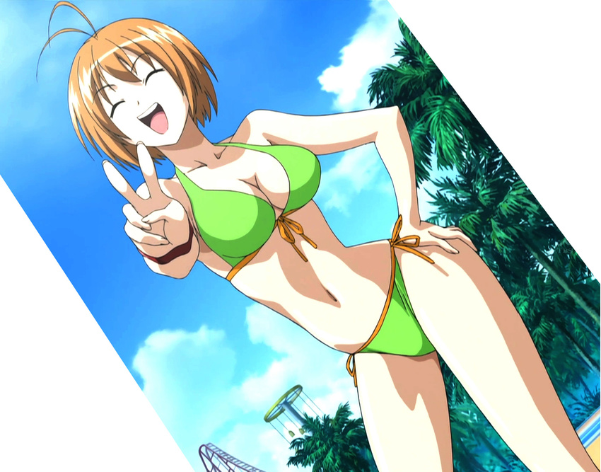 amusement_park antenna_hair bikini closed_eyes cloud day front-tie_top hand_on_hip highres kampfer kondou_mikoto open_mouth screencap short_hair side-tie_bikini sky smile solo stitched swimsuit third-party_edit tree v