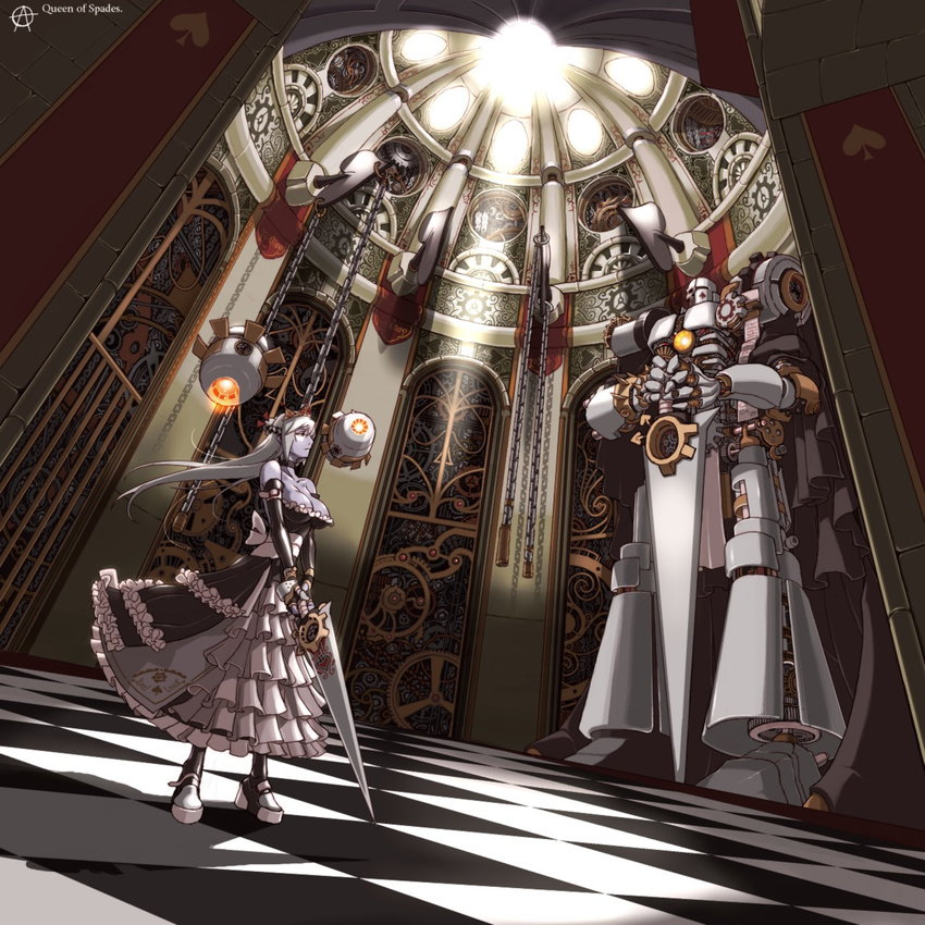 breasts checkered checkered_floor circle_a cleavage clockwork copyright_request detached_sleeves dress highres large_breasts long_hair purple_skin robot sword weapon white_hair