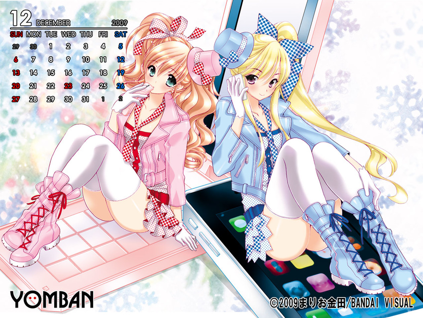 2girls blonde_hair boots bow calendar_(medium) cellphone december dress green_eyes hair_bow hair_ribbon hat iphone jacket long_hair mario_kaneda mini_hat mini_top_hat multiple_girls original phone pink_eyes pink_footwear ponytail red_hair ribbon smartphone thighhighs top_hat wallpaper yomban zettai_ryouiki