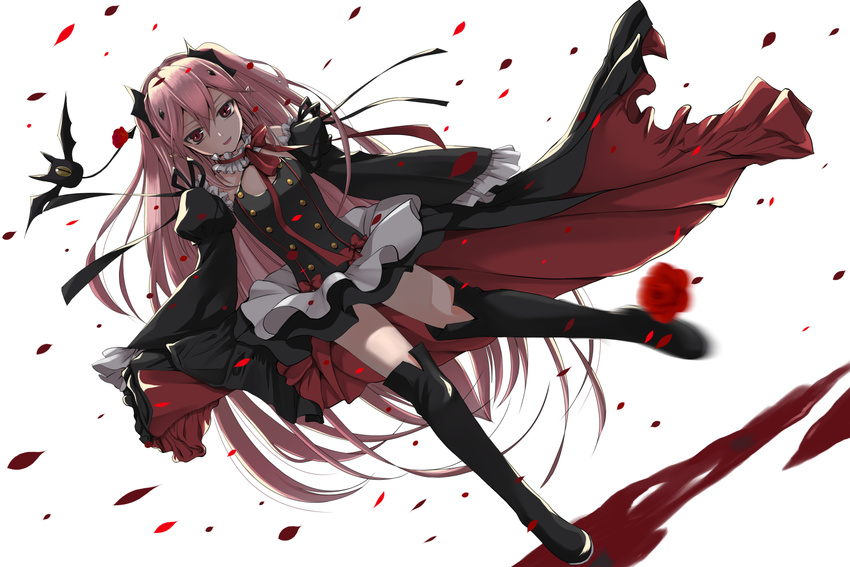 arukanu bangs bat black_dress black_footwear black_ribbon boots bow choker detached_sleeves dress fang flower frilled_choker frills full_body hair_between_eyes kero_sweet knee_boots krul_tepes long_hair looking_at_viewer motion_blur owari_no_seraph petals pink_hair pointy_ears red_bow red_eyes red_flower red_ribbon red_rose ribbon rose simple_background smile solo tail tail_ornament vampire very_long_hair white_background