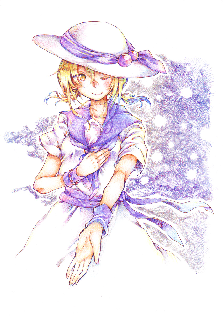 absurdres armband bead_bracelet beads blonde_hair bracelet dress hand_on_own_chest hat hat_ribbon highres jewelry luize one_eye_closed outstretched_hand ribbon sailor_dress smile solo sun_hat touhou touhou_(pc-98) twintails wadante yellow_eyes