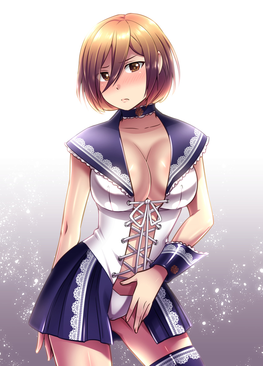 blue_legwear blush breasts brown_eyes brown_hair caffein cleavage commentary_request front-tie_top full-face_blush highres large_breasts meiko no_bra panties rei_no_serafuku short_hair solo thighhighs underwear vocaloid white_panties