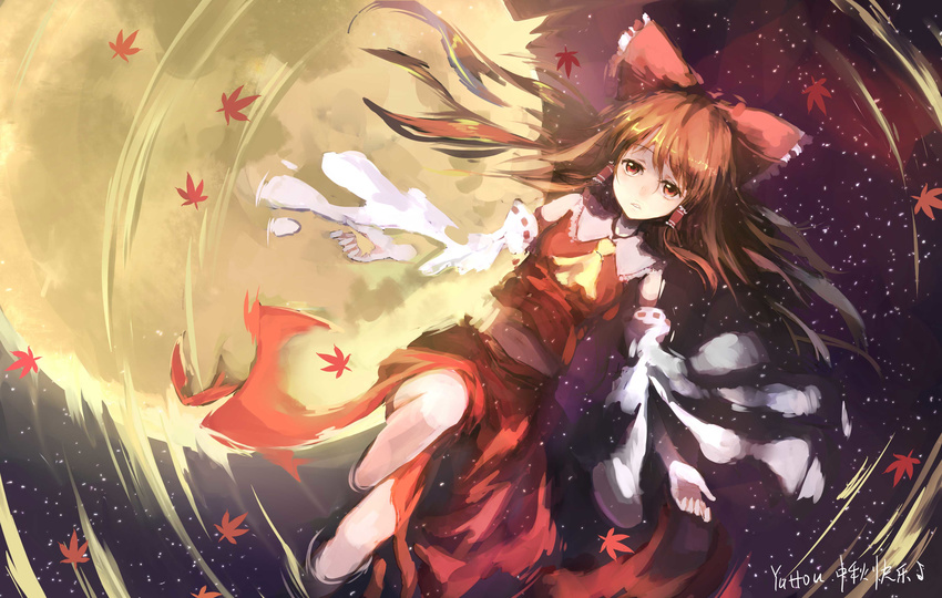 absurdres afloat ascot autumn_leaves bow brown_eyes brown_hair detached_sleeves dutch_angle full_moon hair_bow hair_tubes hakurei_reimu hankon highres leaf leg_up long_hair looking_at_viewer lying maple_leaf midriff moon navel night night_sky on_back outdoors outstretched_arms reflection ribbon-trimmed_sleeves ribbon_trim ripples signature skirt sky solo star_(sky) starry_sky touhou tsukimi water