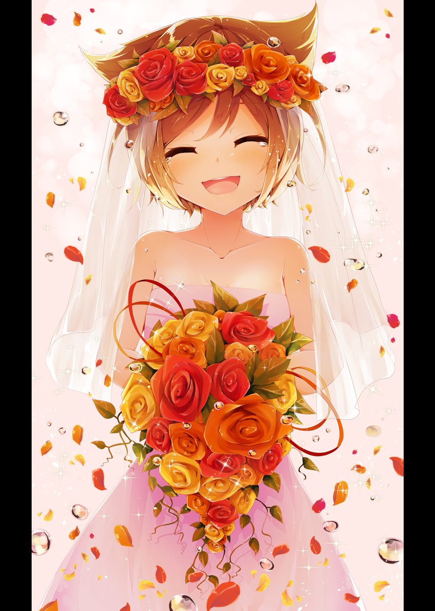 bare_shoulders bridal_veil brown_hair closed_eyes commentary dennryuurai dress flower hair_flaps highres original round_teeth short_hair solo tears teeth veil wedding_dress