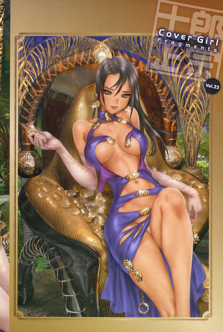 bare_shoulders black_hair breasts breasts_apart brown_eyes chair coin comic_anthurium earrings elbow_gloves gloves gold highres jewelry large_breasts long_hair long_legs looking_at_viewer lying navel no_bra no_panties on_back revealing_clothes shirou_masamune smile smirk solo sparkle