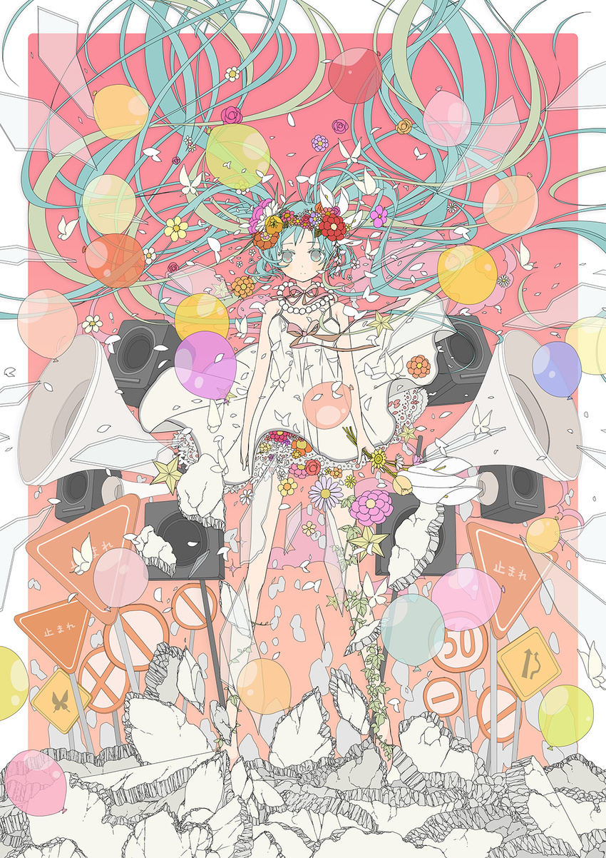 aqua_eyes aqua_hair balloon bug butterfly commentary_request cover cover_page doujin_cover dress flower glass_shards hashimochi hatsune_miku head_wreath highres holding holding_flower insect jewelry long_hair long_legs megaphone necklace pearl_necklace petticoat plant ribbon road_sign sign solo speaker standing twintails very_long_hair vines vocaloid white_dress