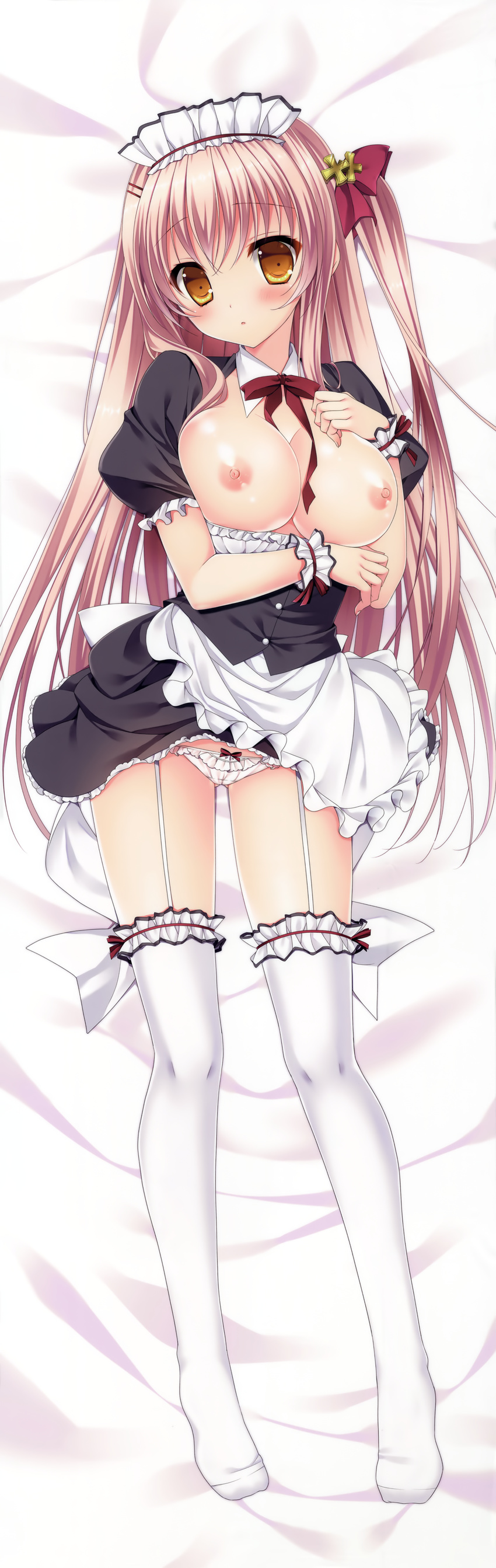 absurdres bangs breasts dakimakura detached_collar eyebrows_visible_through_hair full_body garter_belt highres huge_filesize lace lace-trimmed_thighhighs large_breasts long_hair looking_at_viewer lying maid maid_headdress minatsuki_alumi nipples no_bra no_shoes on_back panties pink_hair solo thighhighs underwear white_legwear white_panties wrist_cuffs yellow_eyes