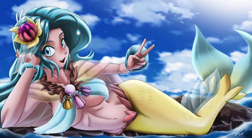 2019 5_fingers blue_eyes blue_hair breasts clothing day detailed_background digital_media_(artwork) female fin hair looking_at_viewer lying marine mauroz merfolk midriff navel on_side outside princess_skystar_(mlp) scales sky smile solo yellow_scales
