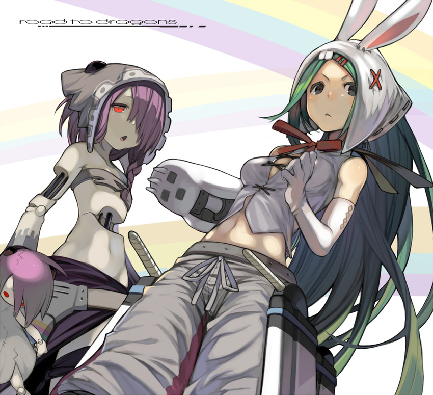 :o android animal_hat asymmetrical_gloves belt bow braid bukurote bunny_hat copyright_name elbow_gloves frown gloves green_hair hair_ornament hair_over_one_eye hairclip hat joints legband long_hair looking_at_viewer midriff multiple_girls navel octavia_(road_to_dragons) pants paw_gloves paws purple_hair red_eyes ribbon road_to_dragons robot_joints rudolph_(road_to_dragons) short_hair white_gloves