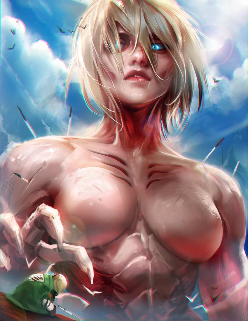 1girl armin_arlert bird blue_eyes blue_sky breasts female_titan giantess glowing glowing_eyes lens_flare monster_girl muscle parted_lips sakimichan shingeki_no_kyojin sky sunlight sword weapon