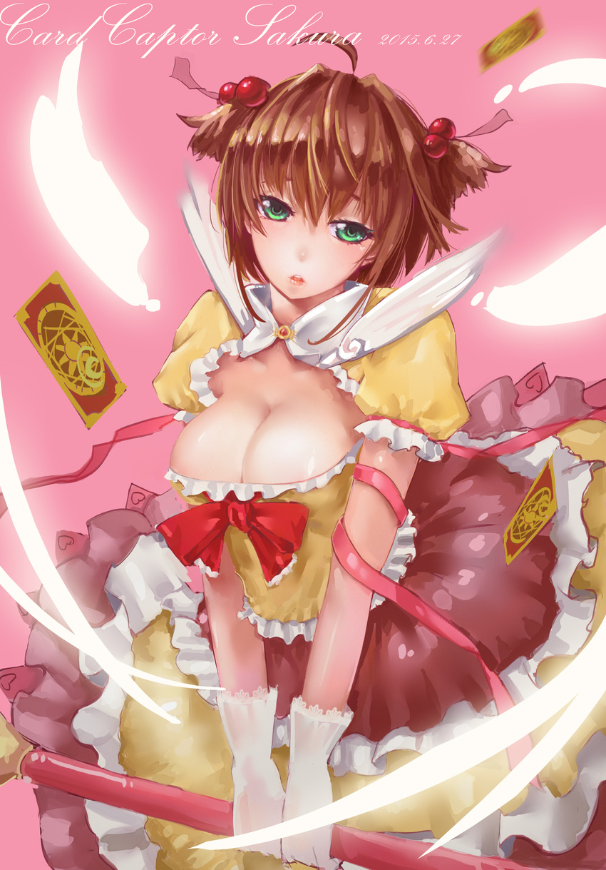 2015 absurdres alternate_breast_size bow bowtie breasts brown_hair card cardcaptor_sakura cleavage cleavage_cutout clow_card copyright_name ctrlz77 dated dress floating floating_object gloves green_eyes hair_bobbles hair_ornament highres holding kinomoto_sakura large_breasts older open_mouth parted_lips petticoat pink_background puffy_short_sleeves puffy_sleeves red_bow short_hair short_sleeves short_twintails simple_background solo twintails v_arms white_gloves wings