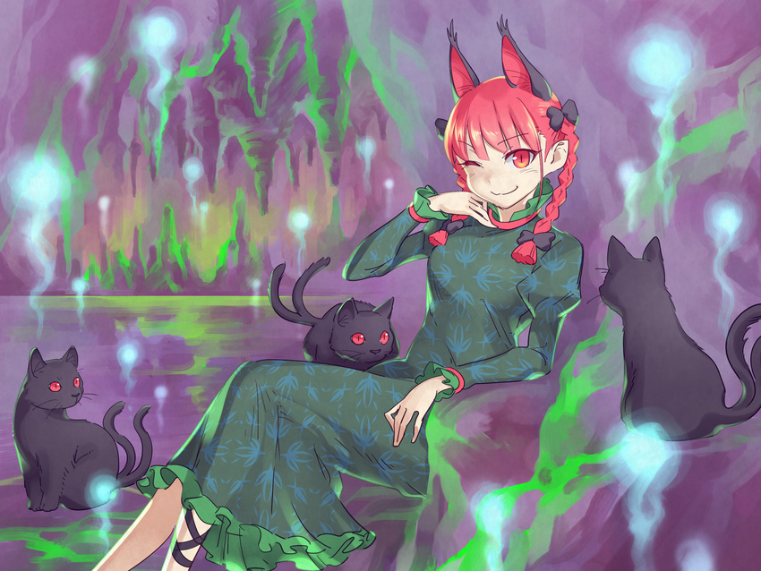 animal animal_ears blush bow braid cat cat_ears dress extra_ears green_dress hair_bow hair_ornament highres hitodama kaenbyou_rin kugata1 leg_ribbon long_sleeves looking_at_viewer multiple_tails one_eye_closed pointy_ears puffy_sleeves red_eyes red_hair ribbon short_hair sitting slit_pupils smile solo tail touhou twin_braids