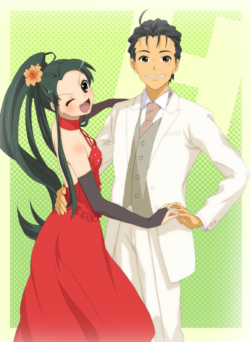 1boy 1girl absurdres alternate_hairstyle dress fang fukkin green_hair highres suzumiya_haruhi_no_yuuutsu taniguchi tsuruya tuxedo wink