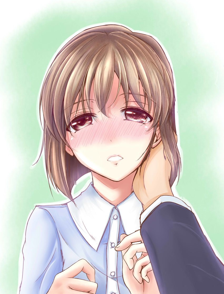 absurdres blush bob_cut brown_eyes brown_hair hagiwara_yukiho hand_on_another's_face highres idolmaster idolmaster_(classic) izuki_(toneya) parted_lips pov short_hair sketch solo_focus