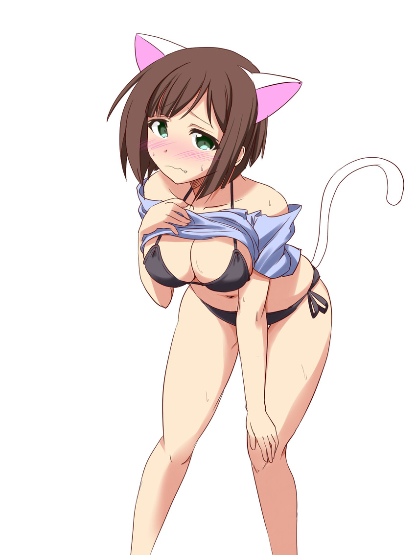 animal_ears bikini black_bikini blush breasts brown_hair cat_ears cat_tail cleavage embarrassed extra_ears fang green_eyes highres idolmaster idolmaster_cinderella_girls large_breasts maekawa_miku matatabi_(2ccp) navel shirt_lift short_hair side-tie_bikini simple_background solo swimsuit tail wavy_mouth white_background