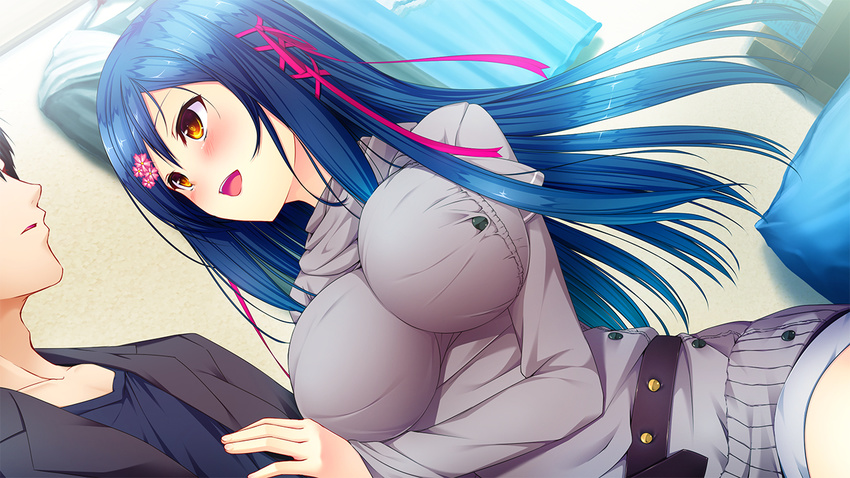 1girl :d bangs belt beltskirt black_hair blue_hair blush breasts buttons couple dutch_angle eye_contact game_cg hair_ornament hair_ribbon hairclip hand_on_another's_chest happy hetero impossible_clothes indoors kagami_suzuha large_breasts long_hair long_sleeves looking_at_another multicolored multicolored_eyes open_mouth orange_eyes parted_bangs parted_lips pillow purple_eyes ren'ai_phase ribbon shirt short_hair short_shorts shorts smile solo_focus studded_belt usume_shirou very_long_hair yaegaki_jun